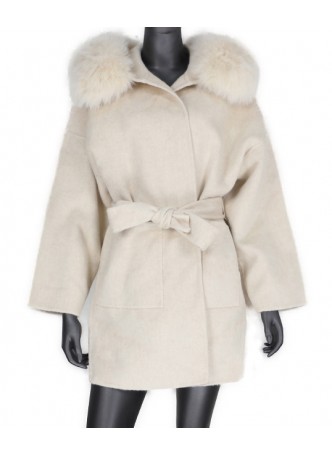 Cashmere Wool Coat Jacket with Fox Fur Trims Women's Cream with HOOD