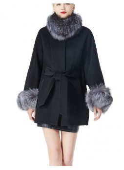 Cashmere Wool Coat Jacket Parka with Silver Fox Fur Trims & Lining Women's  Black