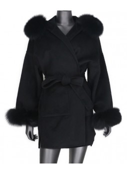 Cashmere Wool Coat Jacket with Fox Fur Trims  Women's  Black