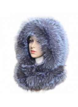 Knitted  Fox Fur Silver Hood Hat Scarf Women's