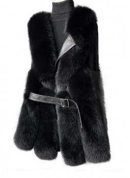 Fox Fur Vest w/ Leather Black Women's Small