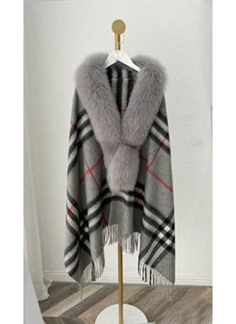 Wool Blend Shawl Cape Wrap with Detachable Fox Fur Collar  Gray Checkered Women's