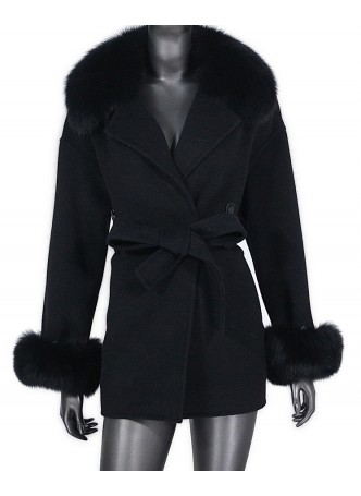 Cashmere Wool Coat Jacket with Fox Fur Trims  Women's  Black