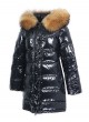 Metallic Black Down Jacket Coat with Hood and Finn Raccoon Fur Women's