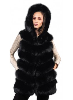 Fox Fur Vest Black with HOOD Women's