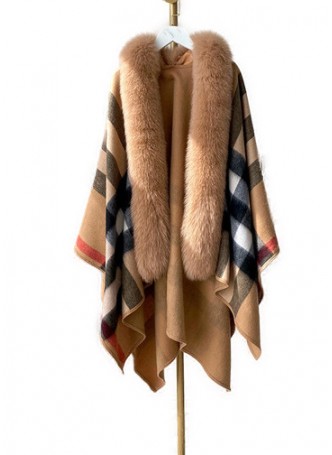 Wool Blend Shawl Cape Wrap with Detachable Fox Fur Collar  Women's