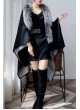 Wool Blend Shawl Cape Wrap with Silver Fox Fur Trim Black Grey Gray Women's
