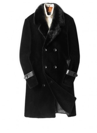 Shearling Sheepskin Lamb Fur Coat Jacket Mink Fur Collar Black XL Men's 