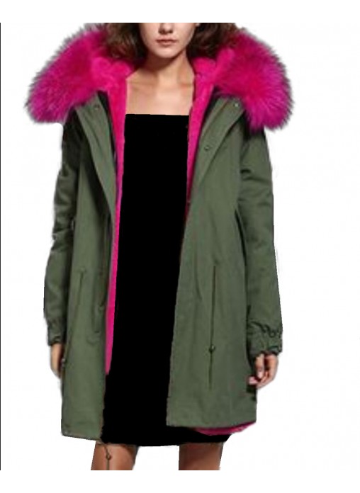 parkere forklare Tilfældig Military Style Army Green Winter Coat Parka with HOT Pink Finn Raccoon Fur  Trimmed Hood Women's