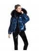 Metallic Blue Puffer Jacket Coat with Hood and Black Fox Fur Women's