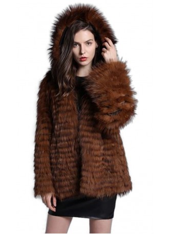 Knitted Fox Fur Brown Jacket Coat with Hood Women's Medium