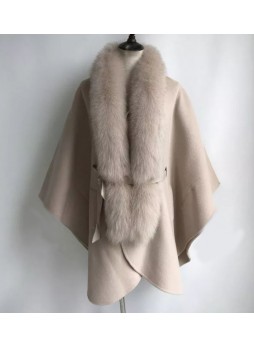 Cashmere Wool Cape Shawl Jacket with Detachable Fox Fur Collar Women's Blush Beige