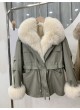 Military Style Green Winter Jacket Coat Parka Hood White Fox Fur Trims & Rex Rabbit Lining Women's