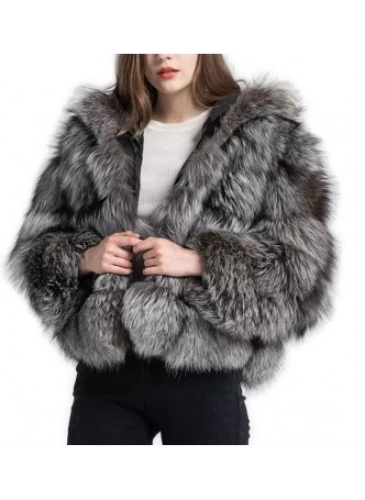 Silver Fox Fur Jacket / Coat / Bolero with HOOD Women's
