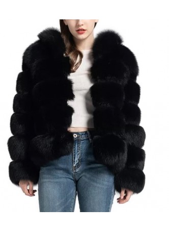 Fox Fur Black Jacket Coat Bolero with Hood Women's