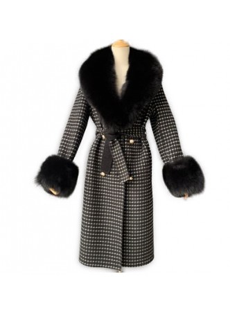 Cashmere Wool Coat with Fox Fur Trims Black Women's  Plaid