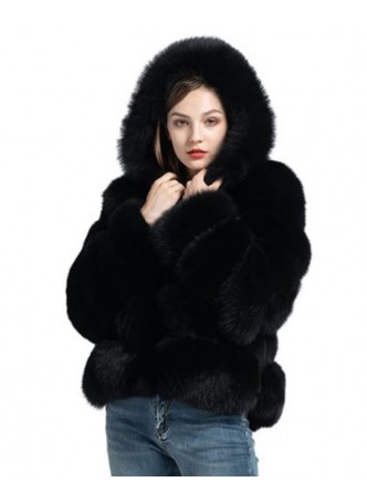Fox Fur Jacket Coat with Hood Black Women's