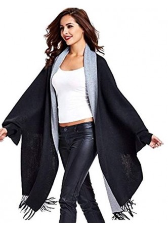 Wool Blend Shawl Cape Wrap with Sleeves Black Grey Gray Women's