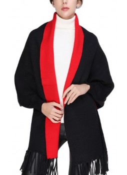 Wool Blend Shawl Cape Wrap with Sleeves Black Red Women's