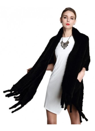 Knitted Mink Fur Black Shawl Cape Stole Wrap with Pockets Women's