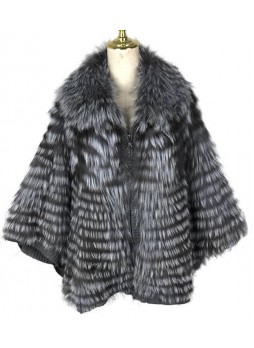 Knitted Fox Fur  Silver Cape Coat Jacket Women's