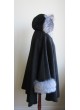 Alpaca Wool w/ Silver Fox Fur Wrap Cape  Poncho w/ Hood & Sleeves, Black, Women's