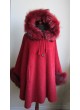 Alpaca Wool w/ Silver Fox Fur Wrap Cape Poncho w/ Hood & Sleeves Red Women's