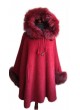 Alpaca Wool w/ Silver Fox Fur Wrap Cape Poncho w/ Hood & Sleeves Red Women's