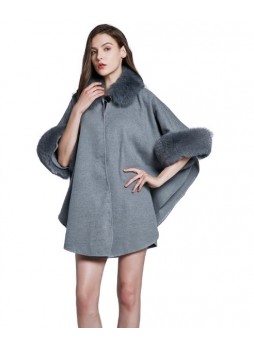 Cashmere Wool w / Fox Fur Wrap Cape Poncho Gray Women's