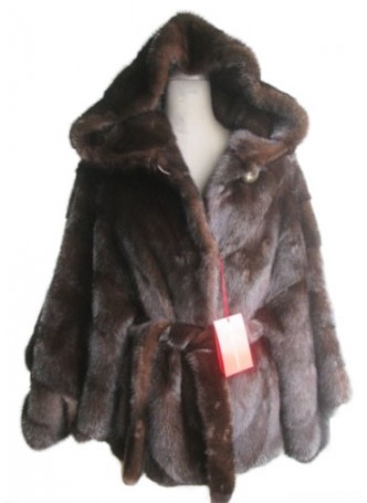 Mink Fur Cape Jacket Coat Poncho with Hood Women's One Size Fits All Natural Dark Ranch