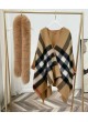 Wool Blend Shawl Cape Wrap with Detachable Fox Fur Collar Caramel Camel Red Checkered Women's