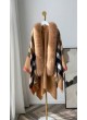 Wool Blend Shawl Cape Wrap with Detachable Fox Fur Collar Caramel Camel Red Checkered Women's