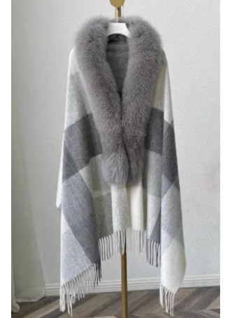 Wool Blend Shawl Cape Wrap with Detachable Fox Fur Collar Gray Checkered Women's