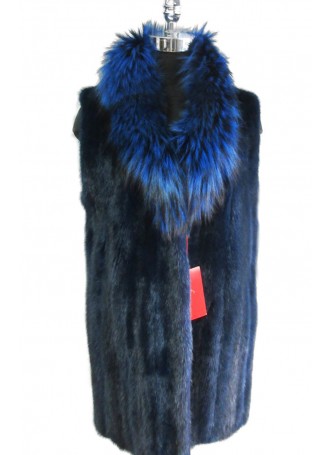 Mink Fur Vest Blue with Fox Fur Collar Women's