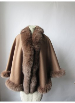 Cashmere Wool Cape Shawl Wrap with Fox Fur Camel Women's BLACK FRIDAY SALE