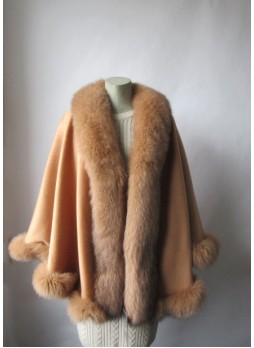 Cashmere Wool Cape Shawl Wrap with Fox Fur Caramel Women's BLACK FRIDAY SALE