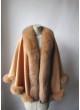 Cashmere Wool Cape Shawl Wrap with Fox Fur Caramel Women's 