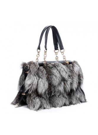 Silver Fox Fur Purse Handbag Leather Women's