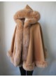 Cashmere Wool Cape Shawl Wrap with Fox Fur HOOD Caramel Women's 