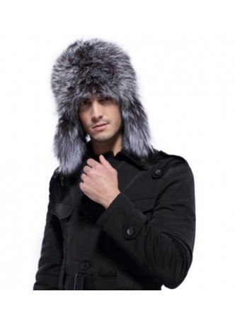 Silver Fox Fur w/ Black Leather Hat Aviator Trooper Men's Women's Unisex