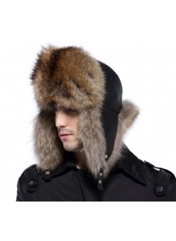 Raccoon Fur w/ Black Leather Hat Aviator Trooper Men's 