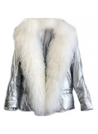 Metallic Silver Down Puffer Jacket Coat White Mongolian Lamb Fur Women Tibetan