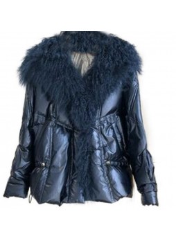 Metallic Blue Down Puffer Jacket Coat Mongolian Lamb Fur Women