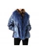 Metallic Blue Down Puffer Jacket Coat Mongolian Lamb Fur Women
