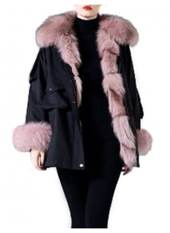 Winter Jacket Coat Parka Black with Pink Fox Fur Trims & Lining Women's 