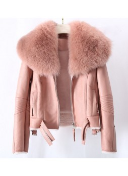 Shearling Sheepskin Lamb Fox Fur Jacket Coat Size S M L XL Women's Pink