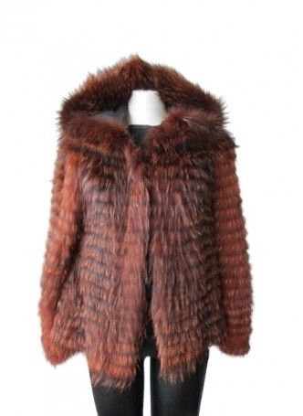 Knitted Fox Fur Brown Jacket Coat with Hood Women's Small