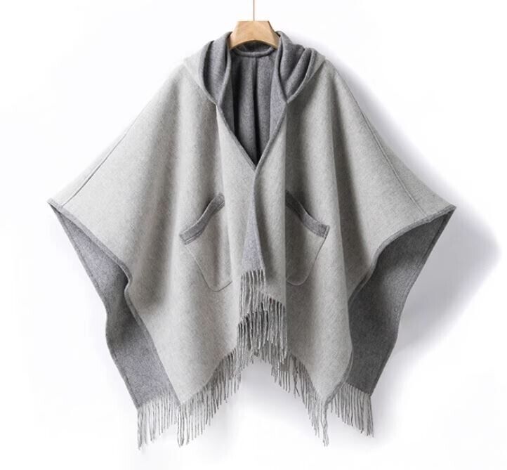 Women's New Pure Wool Reversible Cape Shawl Wrap Jacket Poncho Hood - Image 8