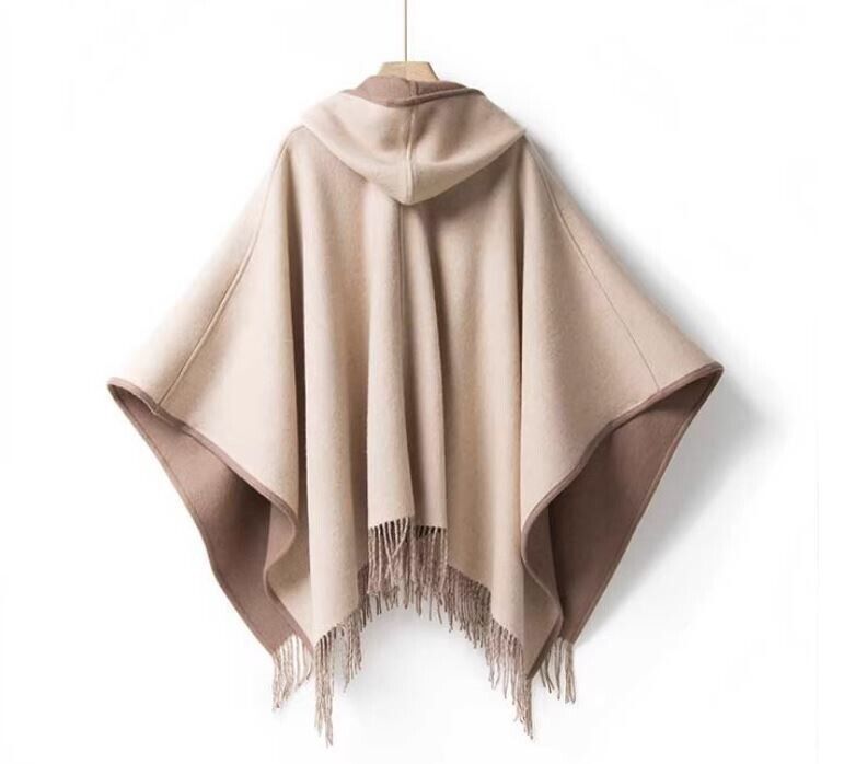Women's New Pure Wool Reversible Cape Shawl Wrap Jacket Poncho Hood - Image 5