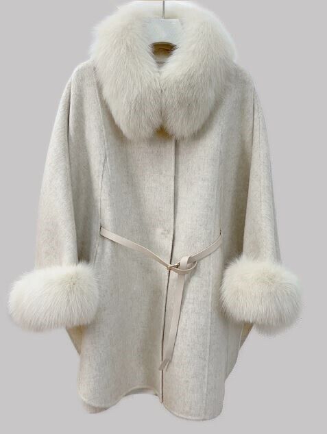 Women's Brand New Oatmeal Cashmere Wool Cape Cloak Jacket with Fox Fur - Image 8